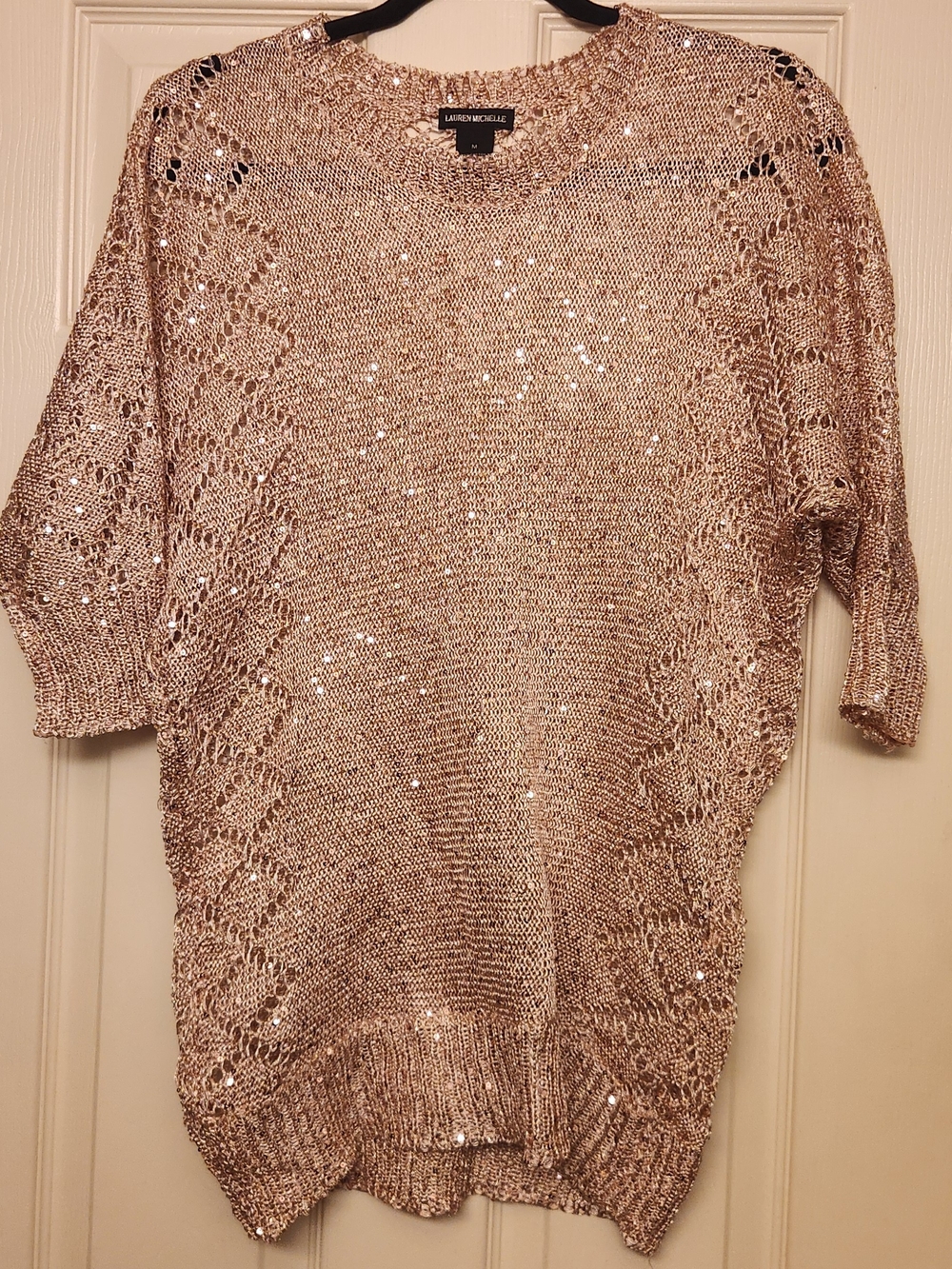 Lauren Michelle Rose Gold Sequin Open-Knit Scoop Neck Sweater